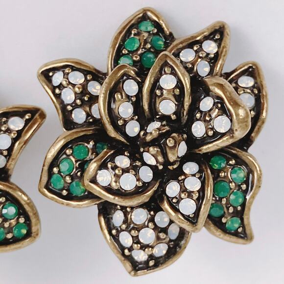 Vintage Signed Heidi Daus Gold Tone Green Crystal Floral Clip-On Earrings - Picture 4 of 10